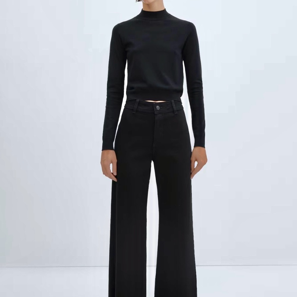 Mango Catherine Black High Rise Wide Leg Jeans Raw Hem Size 36 Minimalist - Picture 9 of 13